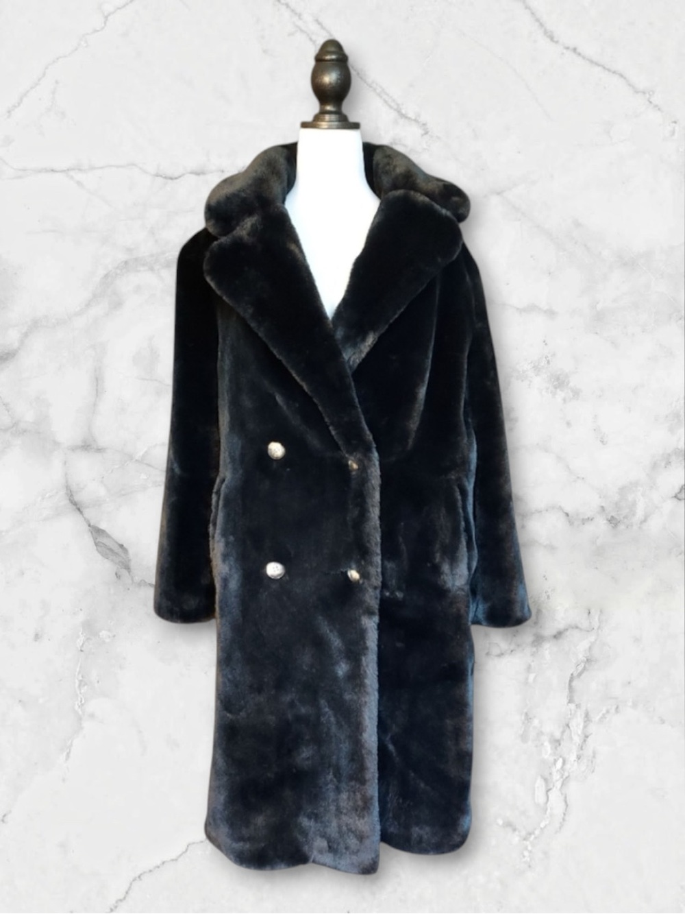 Nasty Gal Coat Black Faux Fur Double Breasted Longline Glam Mob Wife NWOT 8
